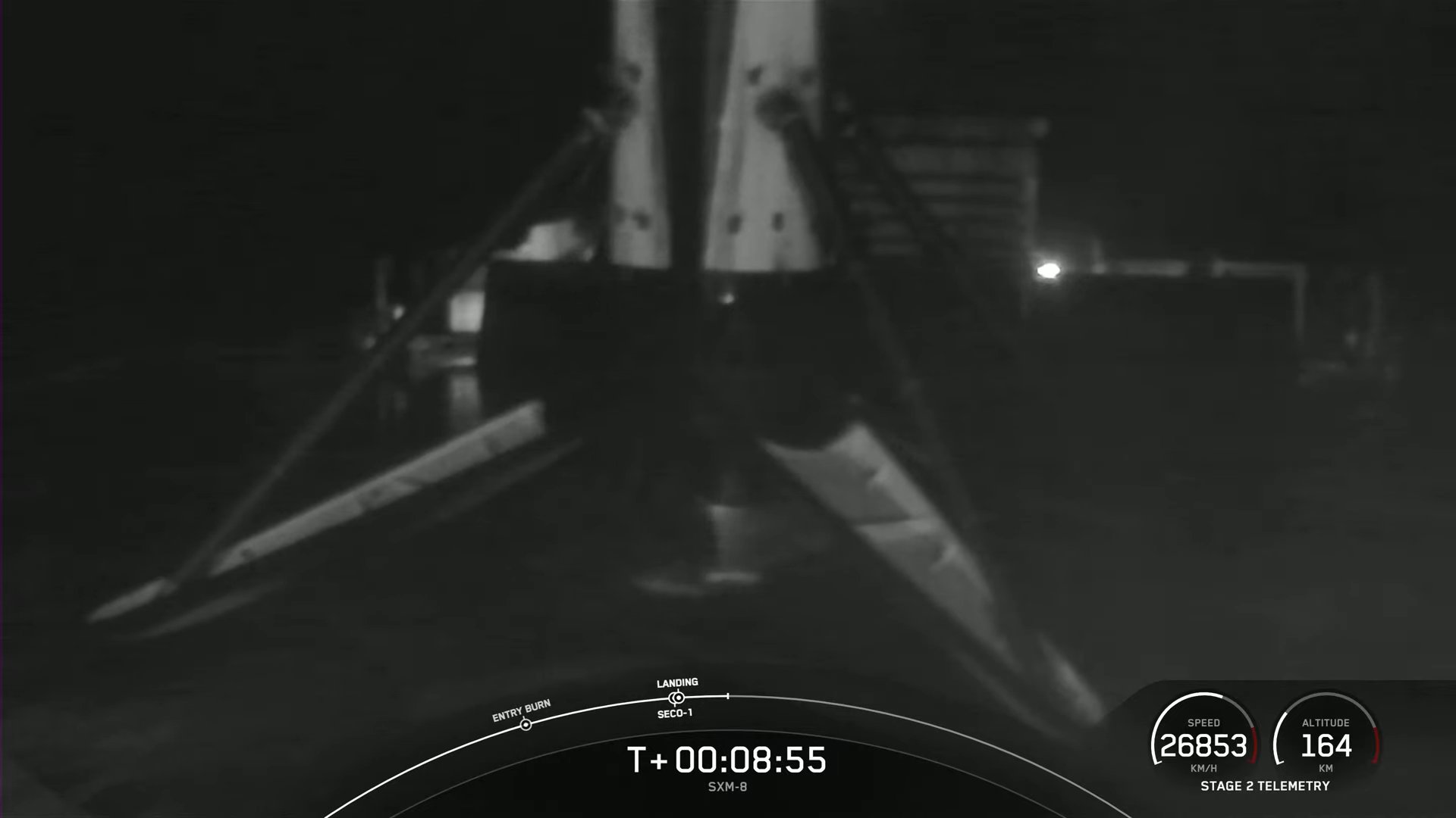 A SpaceX Falcon 9 rocket that launched the SXM-8 Sirius XM satellite is seen just after boarding the Just Read The Instructions drone ship after a successful launch.