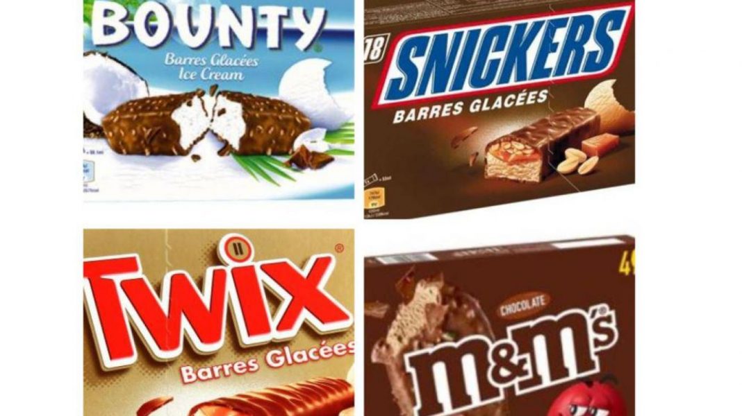 Leclerc rappelle des glaces Snickers, Twix, Bounty et M&M’S, avec différents formats d'emballage concernés, précisant le code barre concerné et les DLC/DMC pour chaque format.