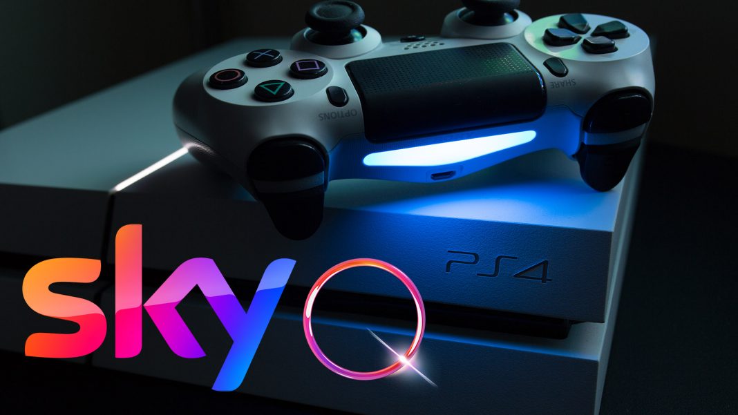 Schwach beleuchtete PS4 mit buntem Sky-Q-Logo davor