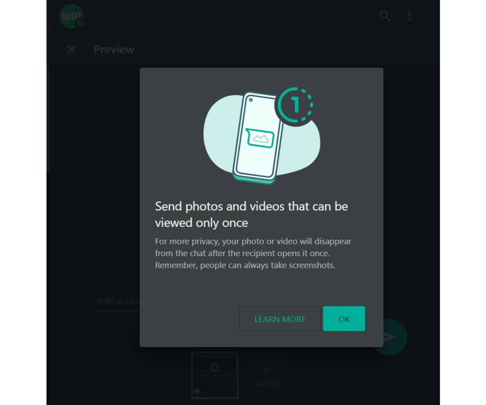 Single-use photos and videos on WhatsApp Web.