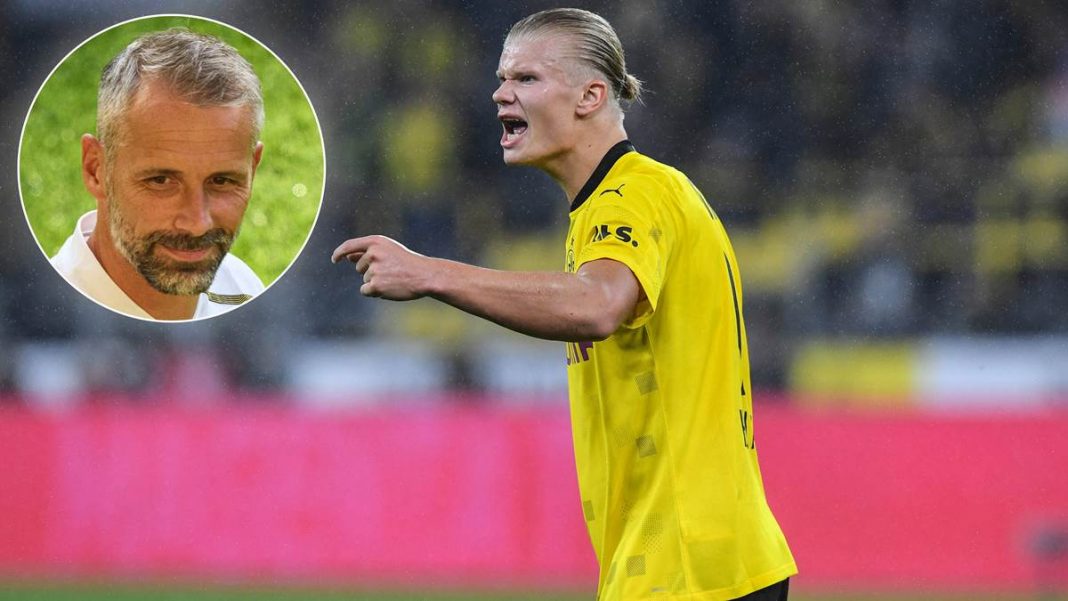 BVB-Trainer Marco Rose (l.) spricht über die Zukunft von Torjäger Erling Haaland.