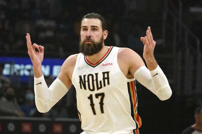 New Orleans Pelicans player Jonas Valanciunas celebrates with a basket during the first half of an NBA game that pits his team against the Los Angeles Clippers on November 29, 2021 in Los Angeles.  (AP Photo/Mark J. Terrill)