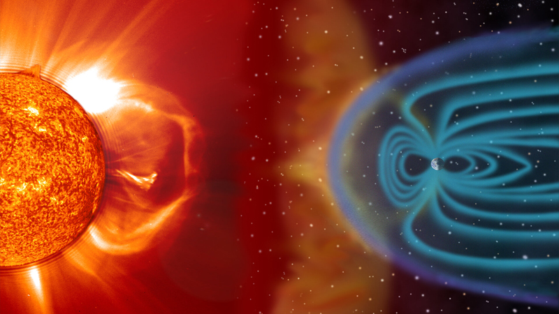 Illustration of a coronal mass ejection causing a solar wind, which was halted by the Earth's magnetic field - Credits: SOHO/LASCO/EIT (ESA & NASA)