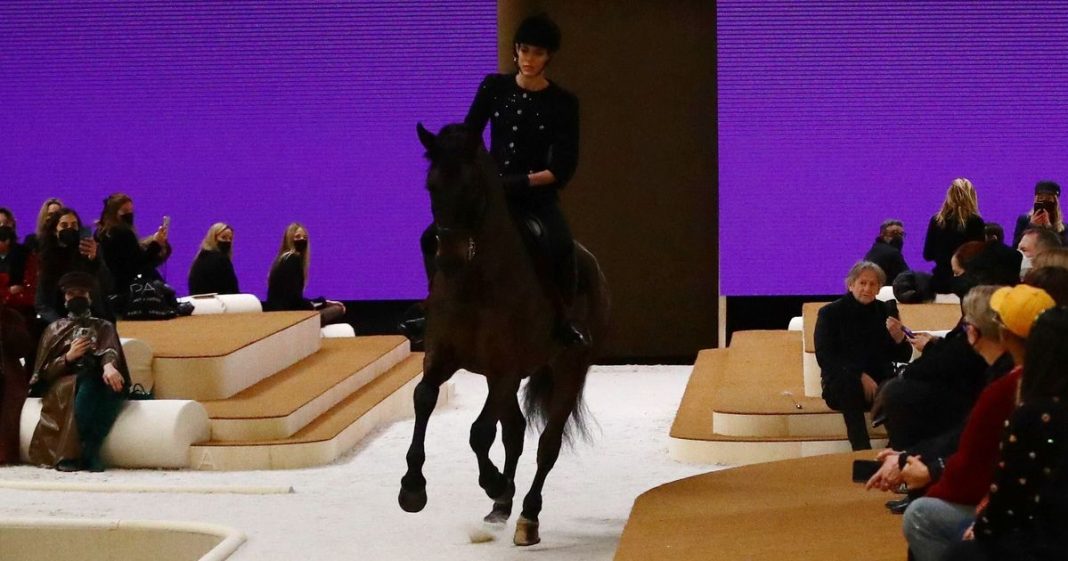 On the channel, Charlotte Kaziraki rides a horse on the catwalk

