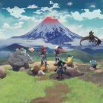 Zwei Trainer und ihre Pokémon blicken auf einen Vulkan.