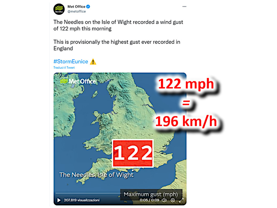 A gust of 196 km/h.  England's strongest hit (Source: Met Office)