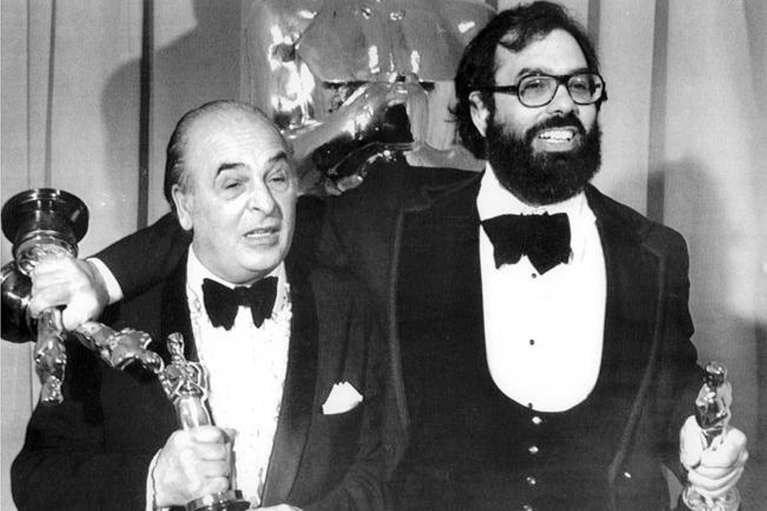 Composer Carmine Coppola with his son Francis Ford at the Academy Awards for The Godfather II.  Carmine contributed the soundtrack to Nino Rota.