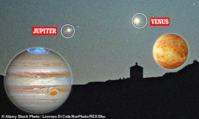 Magical scene: Jupiter and Venus loom in the sky over Rocca Calaccio Castle in central Italy before sunrise yesterday