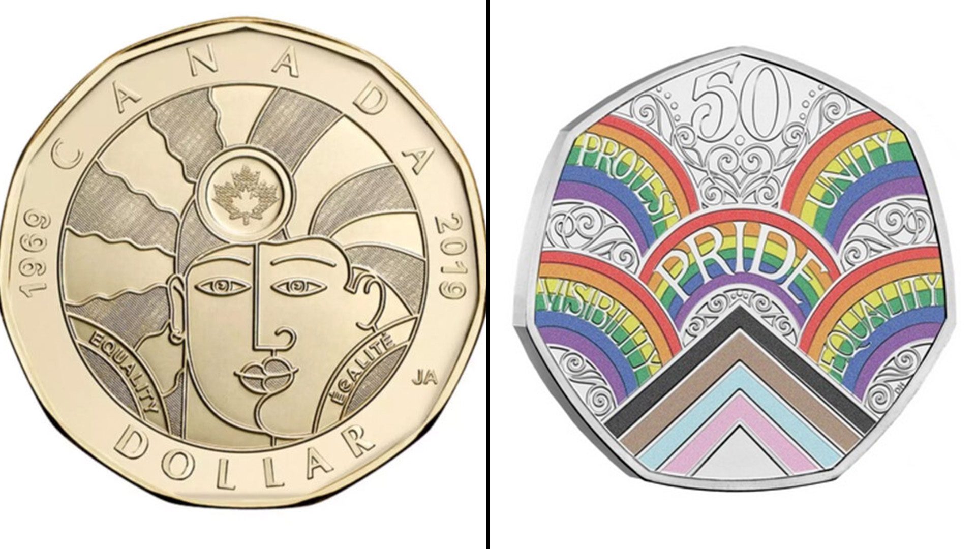 Coins commemorating the LGBT+ movement (Photos: Royal Canadian Mint and The Royal Mint)