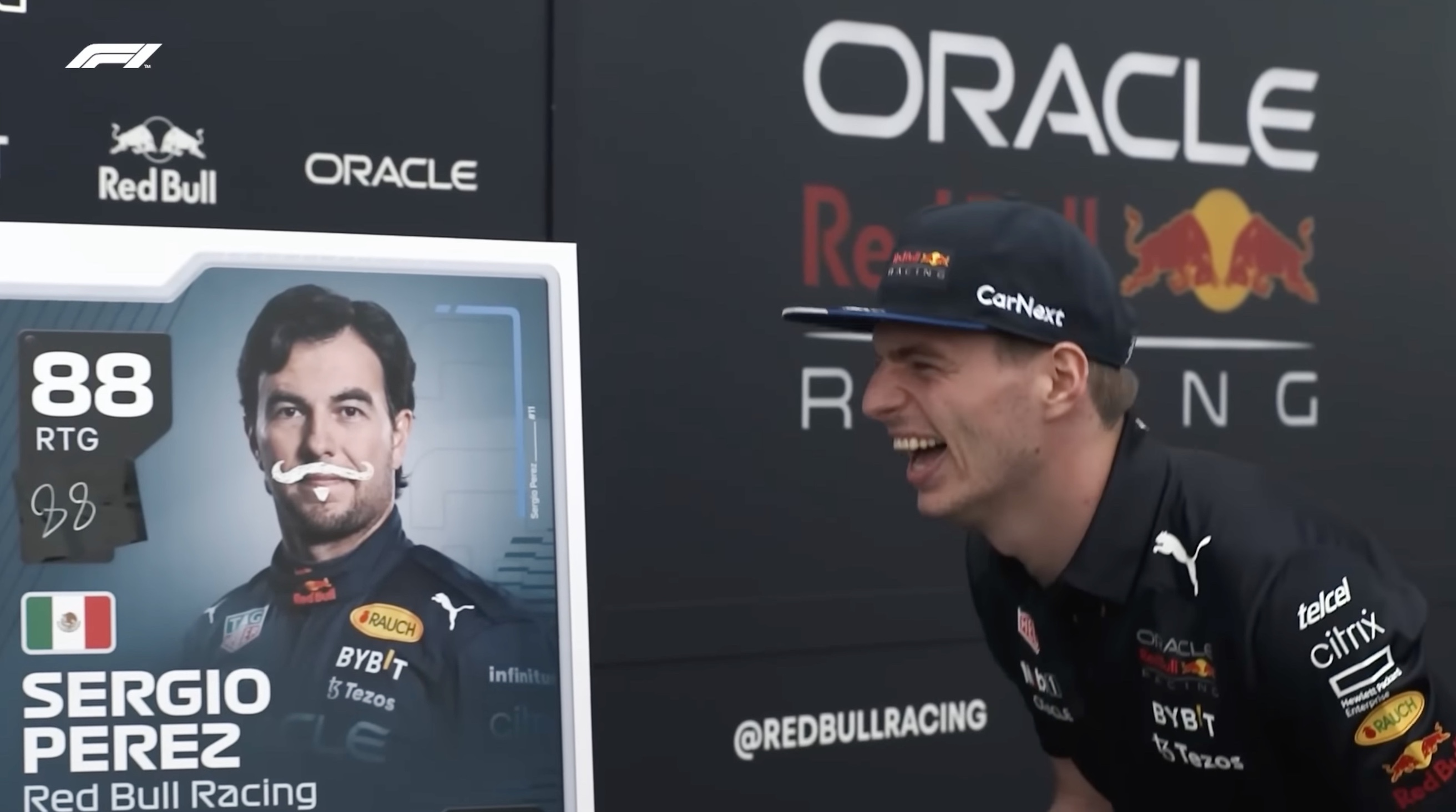 Max Verstappen drew a mustache on Checo Pérez after qualifying in a new video game (Image: Youtube/Formula 1)