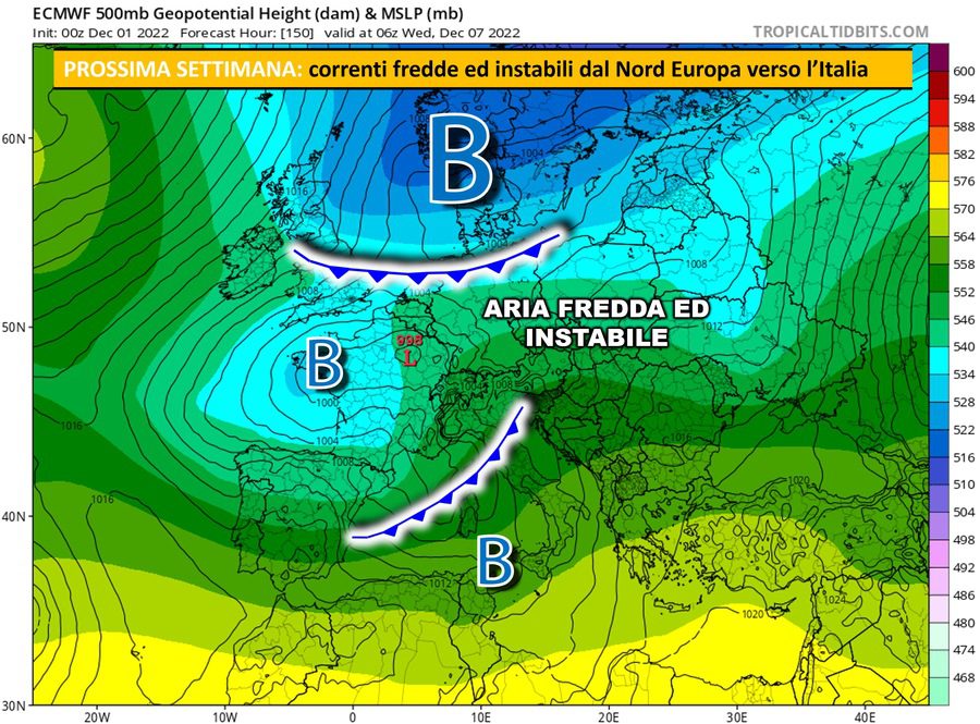 Cold fronts descend from northern Europe towards Italy